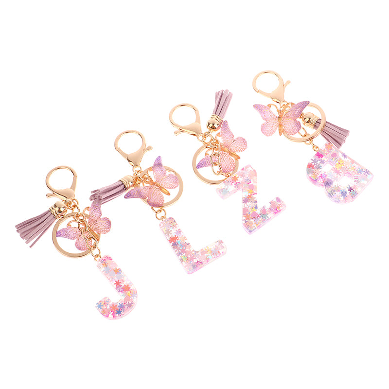 Porte-Clés Lettre Initiale Sequins Femme – Pendentif Papillon Pompon Sac Voiture Bijou