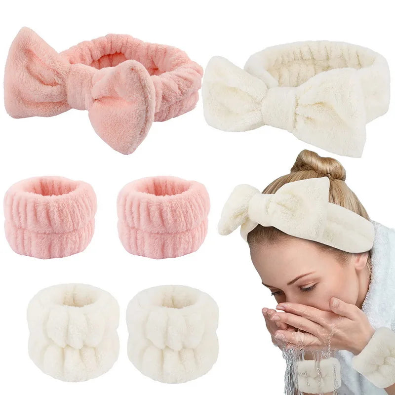 Stirnband & Wasch-Armbänder Set für die Gesichtsreinigung – Rosa Spa-Schleife