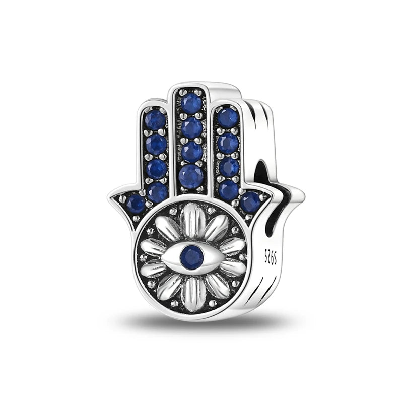 Charm Argent 925 Bleu Rotatif – Œil Démon, Main, Lune & Ciel Étoilé | Perle Pendentif Bracelet Femme | Bijou Spirituel & Mystique