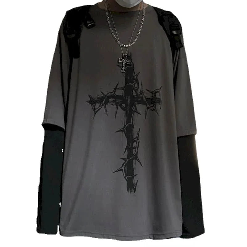 T-Shirt Homme Oversize Manches Longues Croix d'Épines Dark Hip-Hop Y2K Gothic Streetwear Été Tendance – Tee Graphique Dark Aesthetic Unisexe | Mode Streetwear Premium