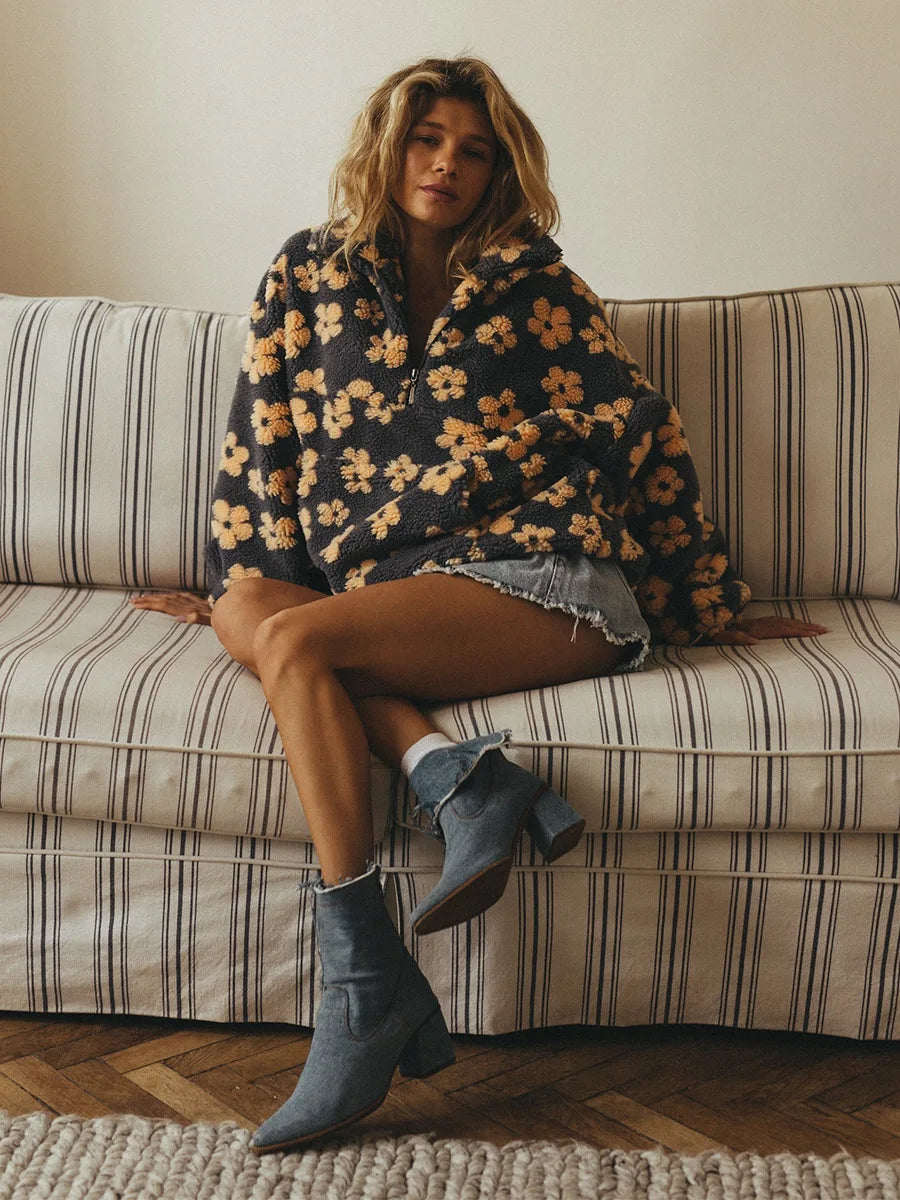 Sweat Femme Sherpa Floral Demi-Zip Ample Chaud – Pull Douillet & Tendance | Automne Hiver