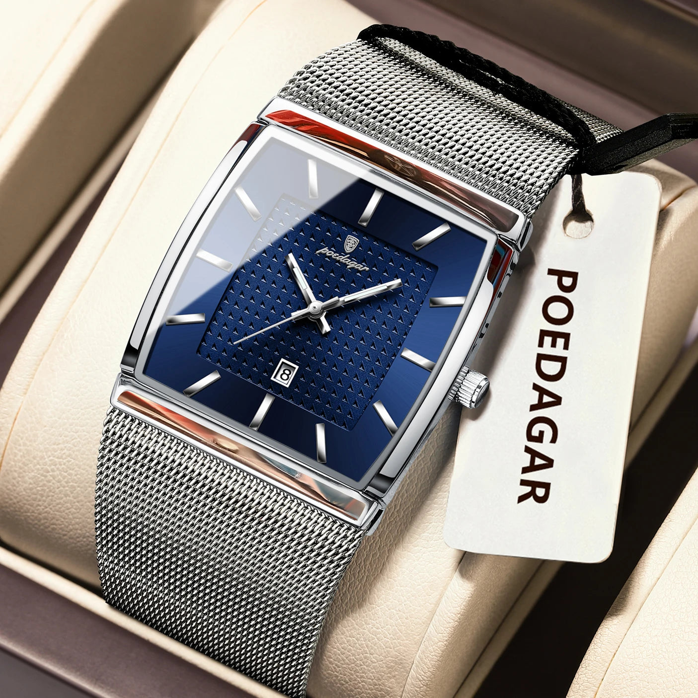 Montre Homme Luxe POEDAGAR Maille Acier Inoxydable Lumineux Date Quartz – Étanche Élégante