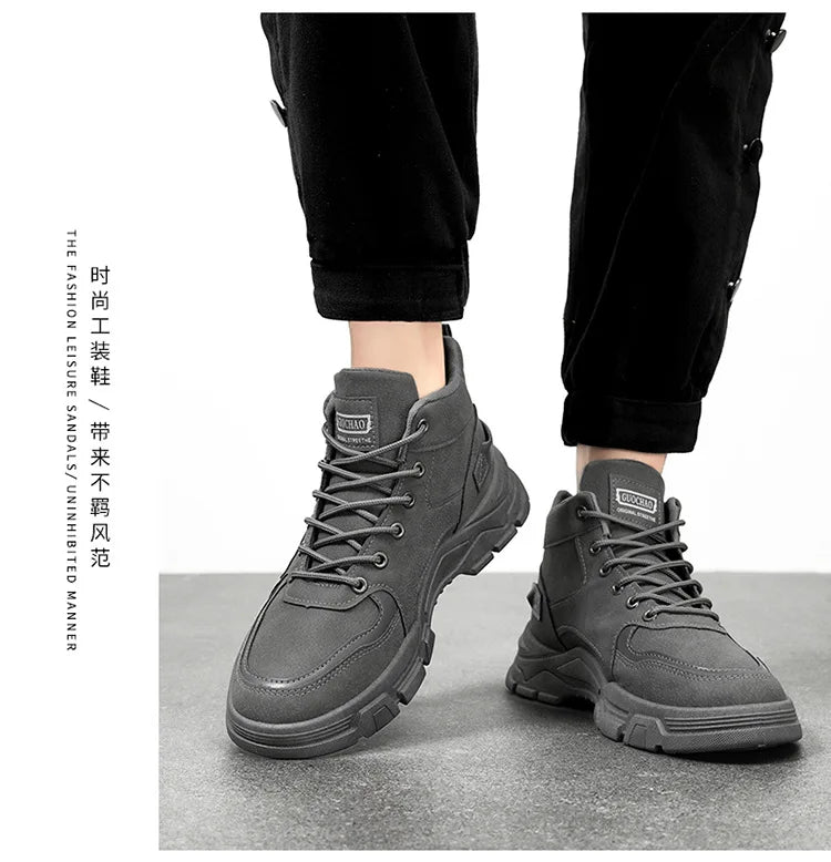 Boots Moto High Top Homme Plateforme 2026 – Noir Lacets Cuir Chaud Outdoor Bota