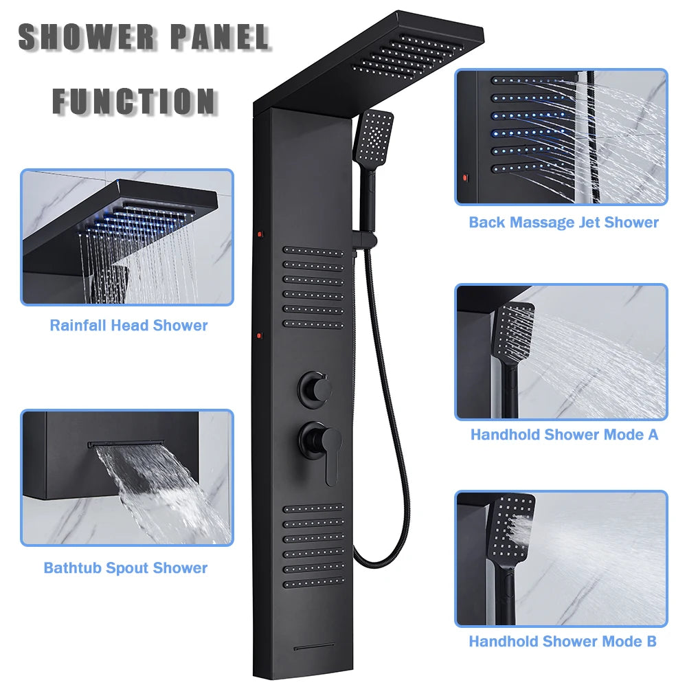 Rozin Colonne Douche Noire LED – 5 Modes dont Jets Massage & Cascade, Pluie, Affichage Digital | Panneau SPA Salle de Bain