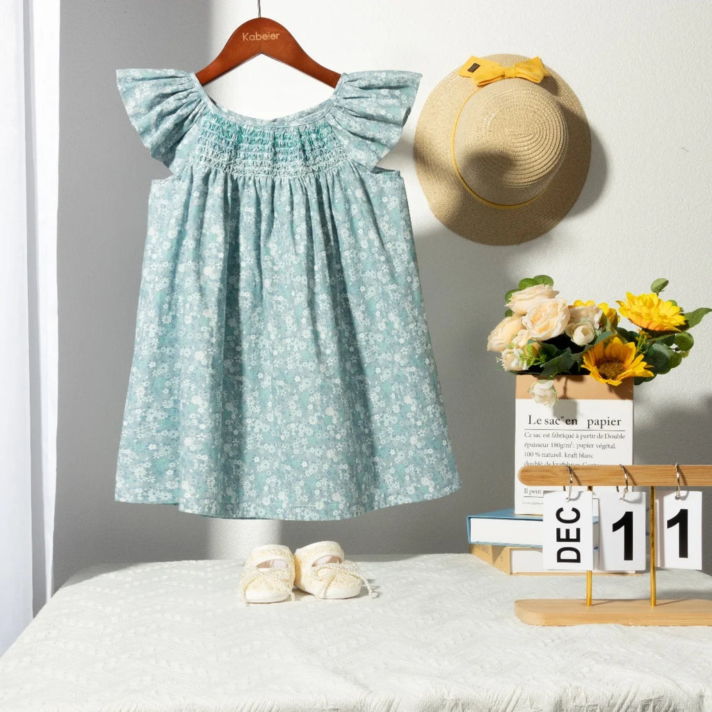 Robe Été Fille Fleurie Smockée Manches Volantes – Tenue Quotidienne Adorable 1-6 Ans