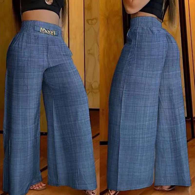Damenhose High Waist Weites Bein Einfarbig Loose Elegant Metallic-Detail Schlaghose – Hose Büro Casual Chic Sommer | Urlaub