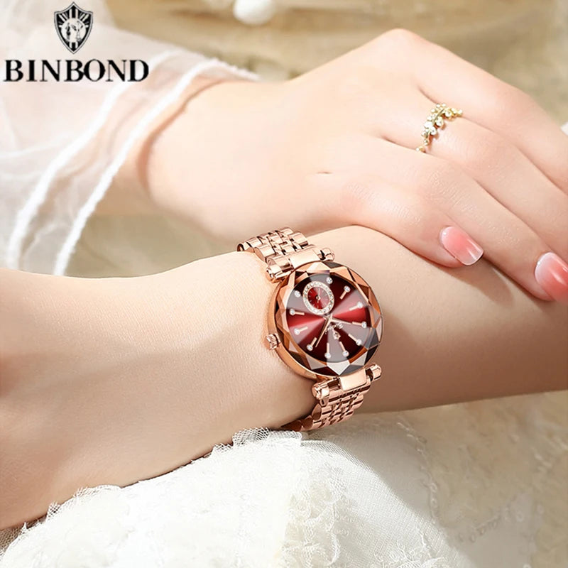 Montre Femme Luxe BINBOND Diamant Cœur de l'Océan Quartz – Lumineuse Étanche Élégante