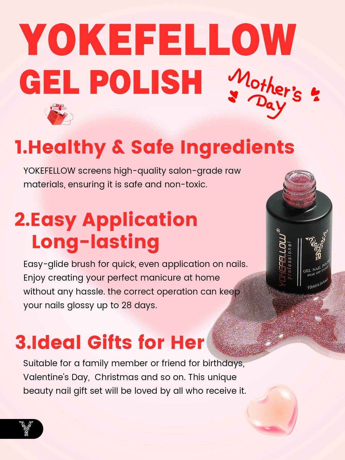 YOKEFELLOW Gel Polish Pastel Pink Glitter 6pcs – Vernis Semi-Permanent Été DIY Salon 10ML