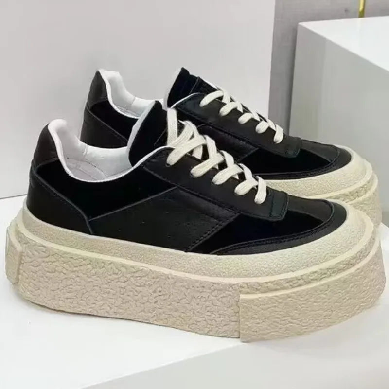 Chaussures Cuir Véritable Femme Cake Sole 2024 – Blanches Casual Élévées Sport Printemps