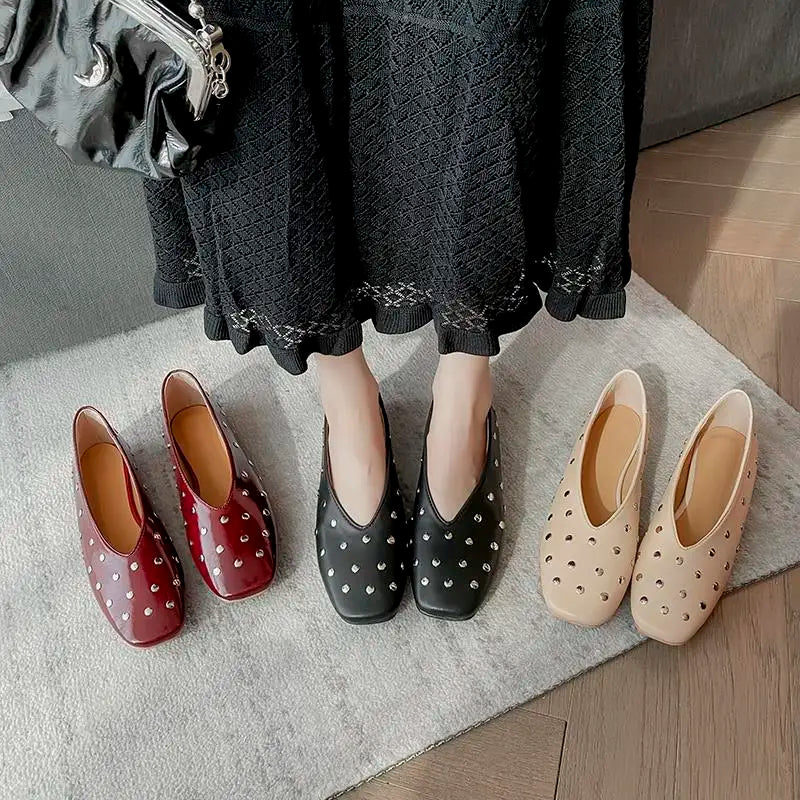 MORAZORA Ballerines Rivets Bout Carré Slip-on – Loafers Femme Noir Rouge Tailles 34-43