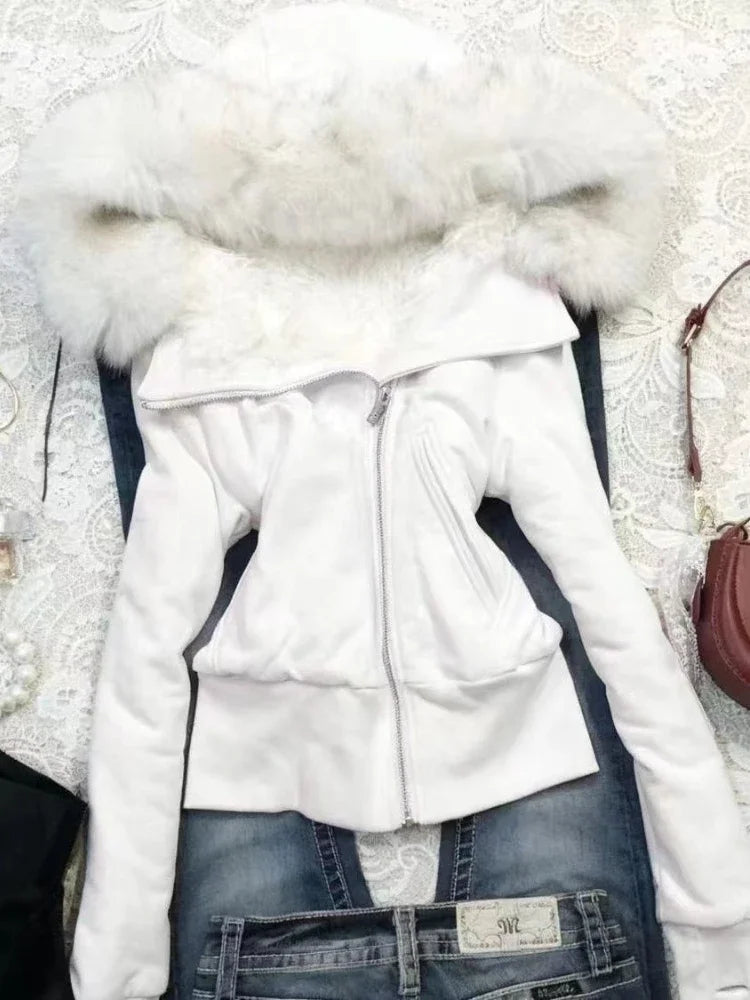 Sweat à Capuche Femme Fourrure Synthétique Rose Vintage Américain Y2K Harajuku Col Fausse Fourrure Slim Centuré – Veste Tendance Hot Girl | Mode
