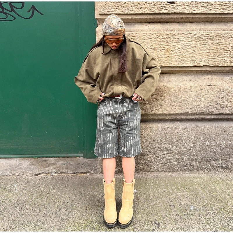 Veste Femme Suède Vert Élégante Manches Bouffantes Revers Fermeture Éclair Ample Plissée – Blouson Court Streetwear Printemps Automne | Mode 2025
