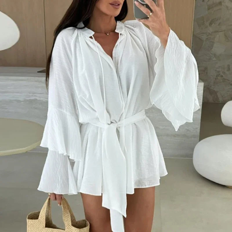 Robe Mini À Volants Col V Profond & Lacets - Manches Évasées Casual Vacances Printemps Été