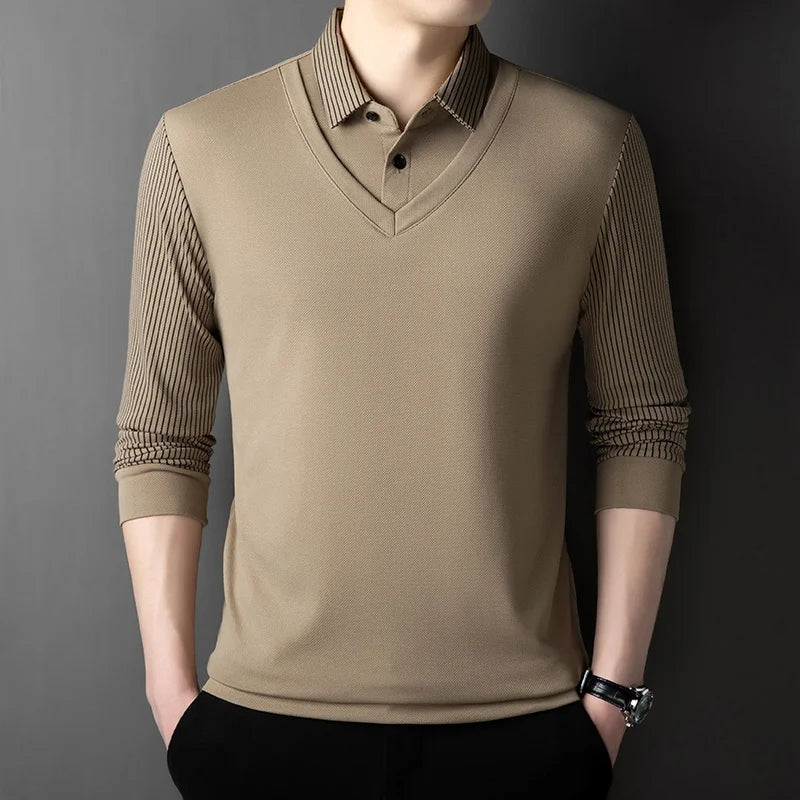 Polo Homme Manches Longues Faux Deux Pièces Couleur Unie – Business Casual Élégant Toutes Saisons Polyvalent | Mode Homme Premium