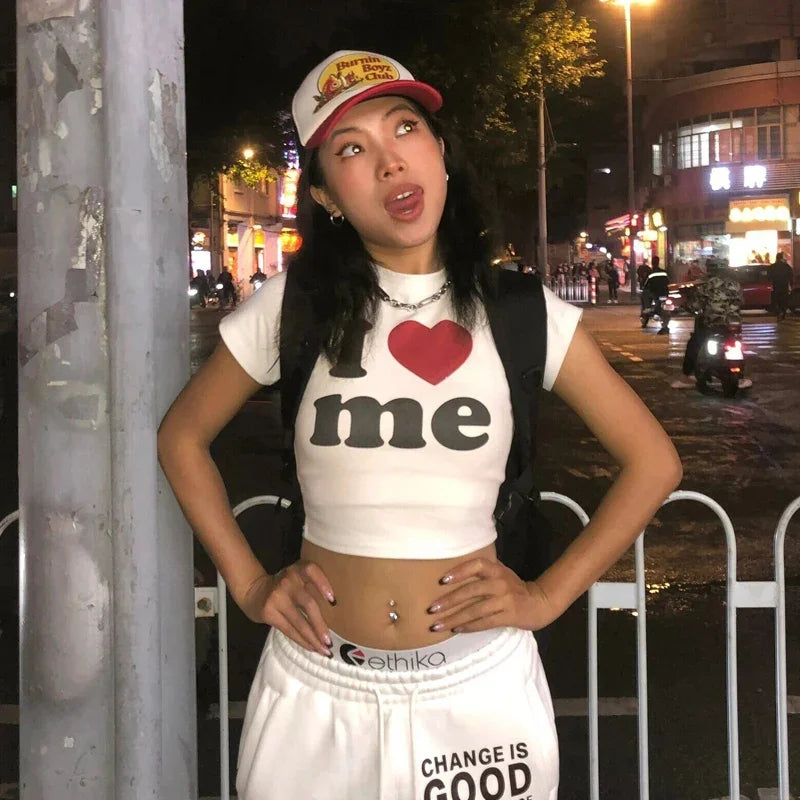 Crop Top Femme Y2K Harajuku Imprimé I Love ME Manches Courtes Sexy Vintage 2000s – T-Shirt Court Été | Streetwear