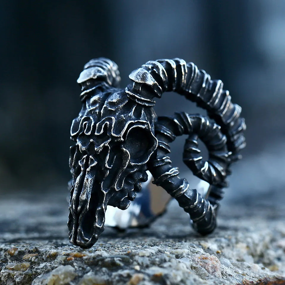 Bague Viking Tête de Bélier Acier Inoxydable 316L — Bijou Homme Vintage Ajustable