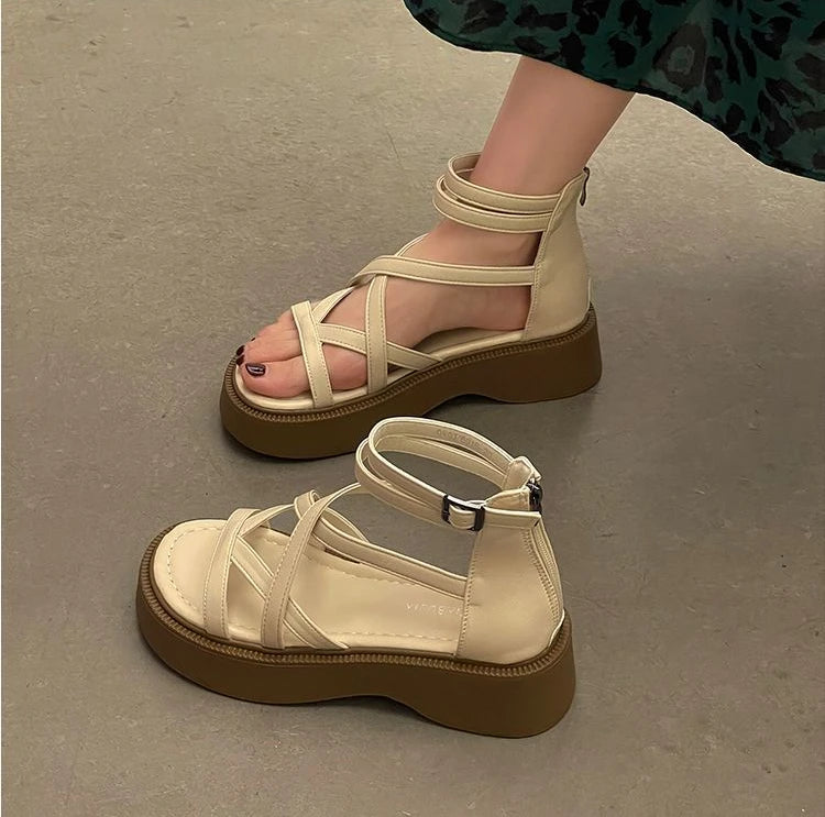Grüne Römische Sandalen Mittelhoher Absatz Plateau Reißverschluss 2025 – Atmungsaktiv Mode Sommer