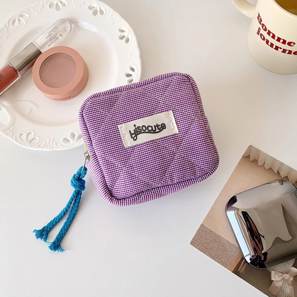 Mini Pochette Vichy Zippée – Trousse Cosmétique Porte-Monnaie Serviettes Hygiéniques Organiseur Cadeau