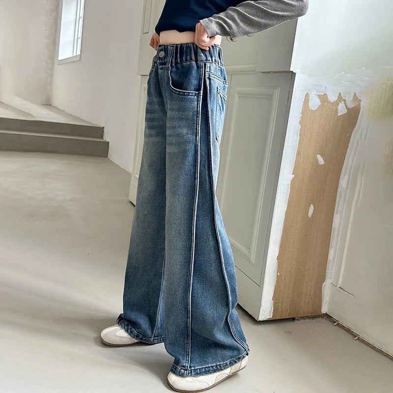 Jean Large Fille Taille Haute Bleu Foncé – Pantalon Denim Jambe Large Retroussable Enfant 4-14 Ans