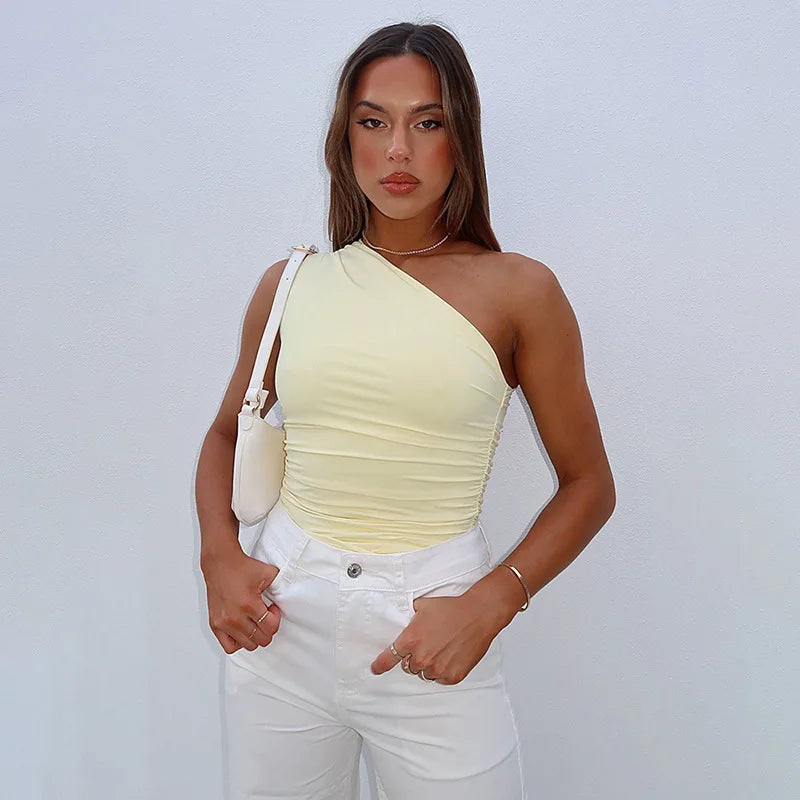 Top Une Épaule Dos Nu Femme – Couleur Bonbon Ajusté Sans Manches | Sexy Casual Été