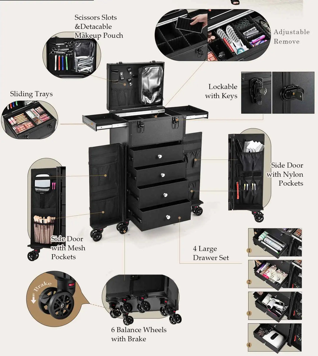 Vanity Case à Roulettes 4 Tiroirs Professionnel – Maquilleur & Coiffeur | Mallette Cosmétique Voyage