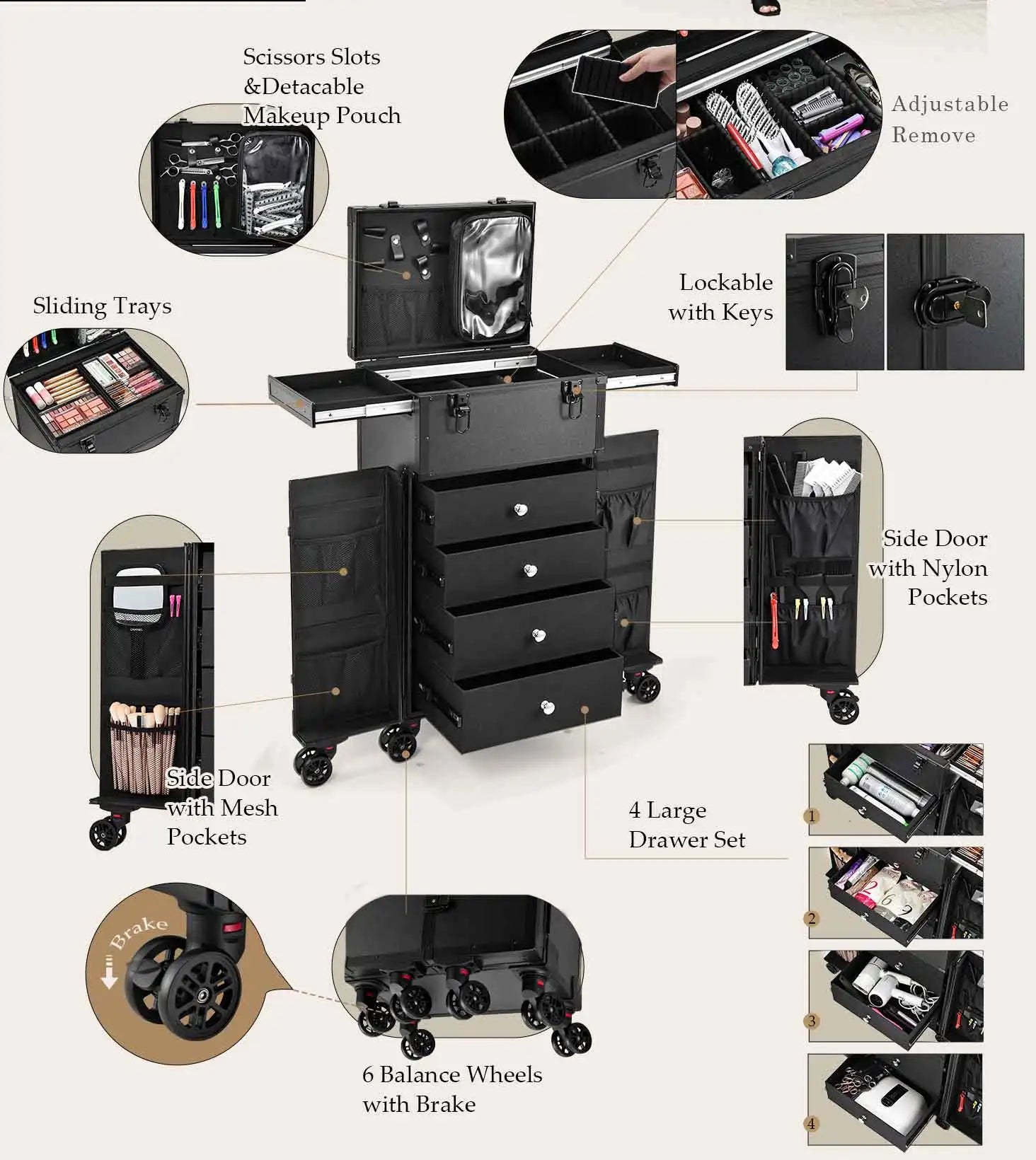 Vanity Case à Roulettes 4 Tiroirs Professionnel – Maquilleur & Coiffeur | Mallette Cosmétique Voyage
