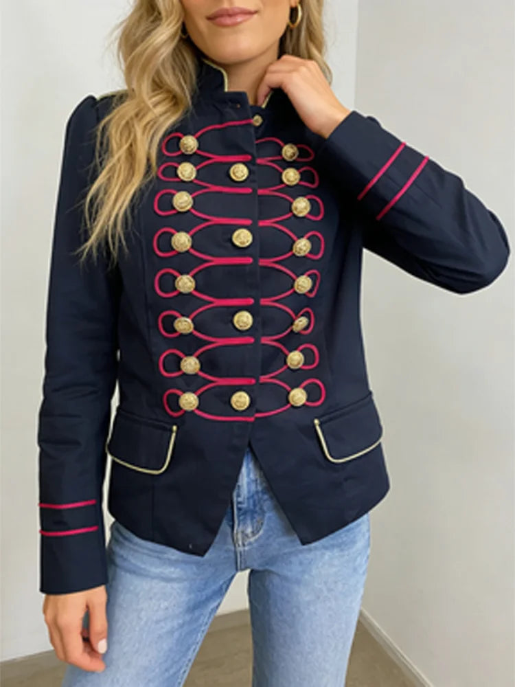 Veste Courte Femme Style Militaire Napoléon Vert Kaki Col Droit Boutonnage Simple – Chic Rétro High Street