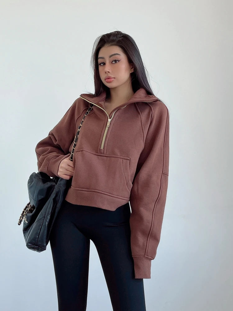 Sweat Femme Oversize Zip Polaire – Hoodie Streetwear Chaud Casual Rose Blanc