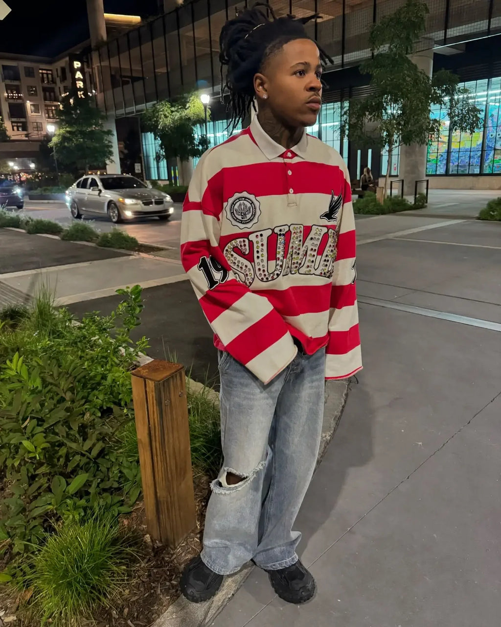 Polo Shirt Unisexe Gothique Broderie Pierre Précieuse Y2K Harajuku Hip-Hop Rayures Col Polo Manches Longues Loose | Polo Gothique Premium