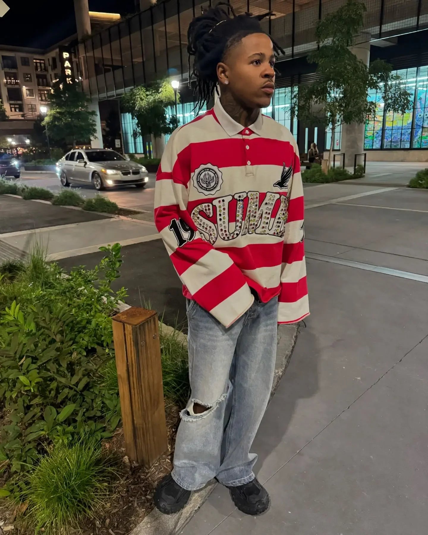Polo Shirt Unisexe Gothique Broderie Pierre Précieuse Y2K Harajuku Hip-Hop Rayures Col Polo Manches Longues Loose | Polo Gothique Premium