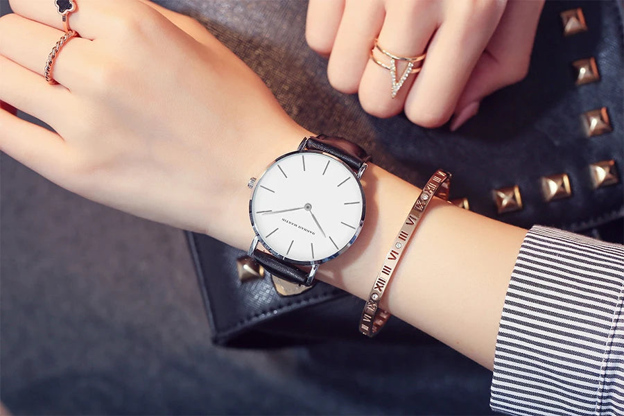Montre Femme Luxe HANNAH MARTIN Ultra-Fine 36mm Cuir Or Rose – Étanche Élégante Fashion