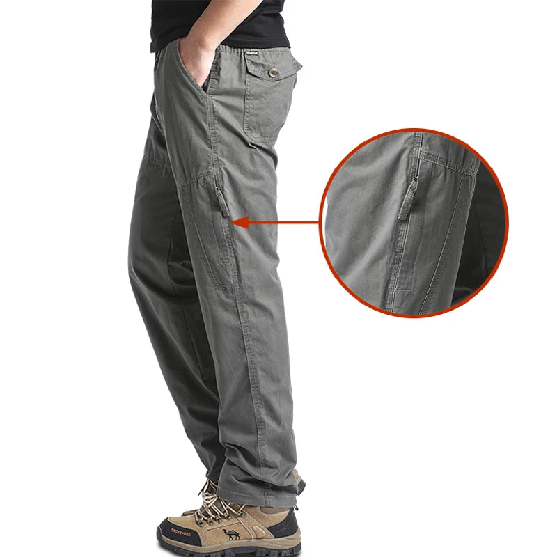 Pantalon Cargo Homme Coton Haute Qualité Multi-Poches Taille Élastique Loose – Casual Outdoor Camping Randonnée Travail Printemps Automne | Mode Homme Tactique