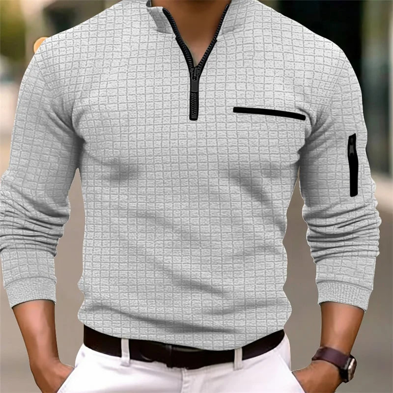 Polo Homme Col Montant Zip À Carreaux Manches Longues Respirant – Sport Business Casual Printemps Automne | Mode Homme Élégant