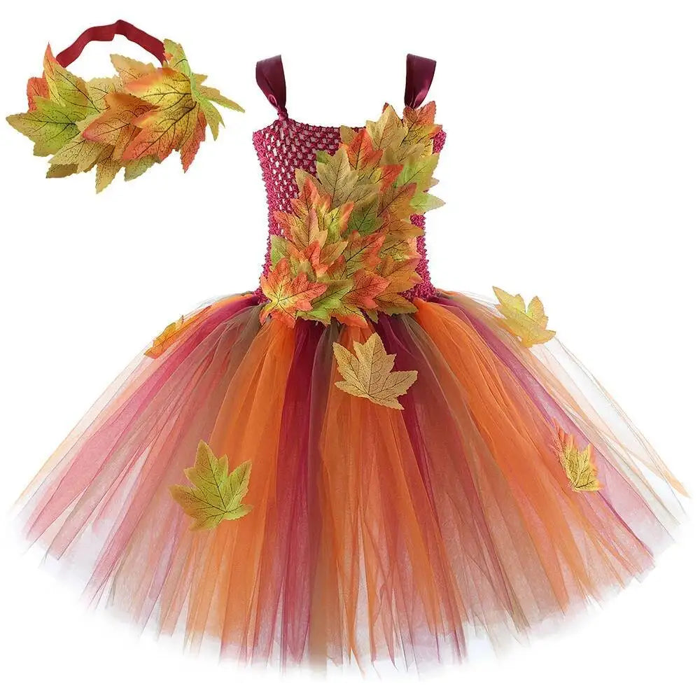Déguisement Fée des Forêts Fille – Robe Elfe Princesse Feuilles d'Automne avec Ailes Halloween Noël