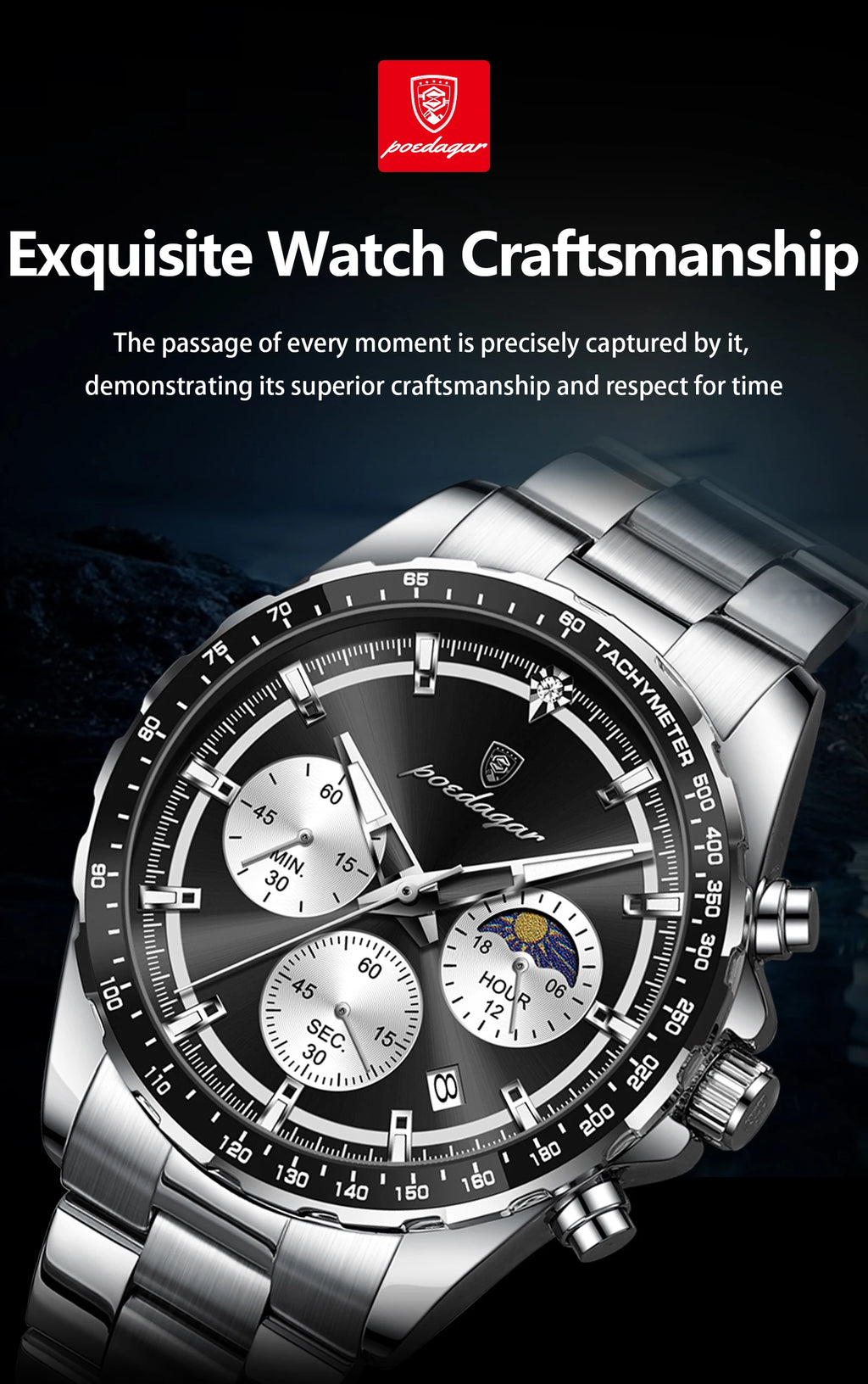 Montre Homme POEDAGAR Business Quartz Chronographe – Acier Lumineux Étanche Date Fashion