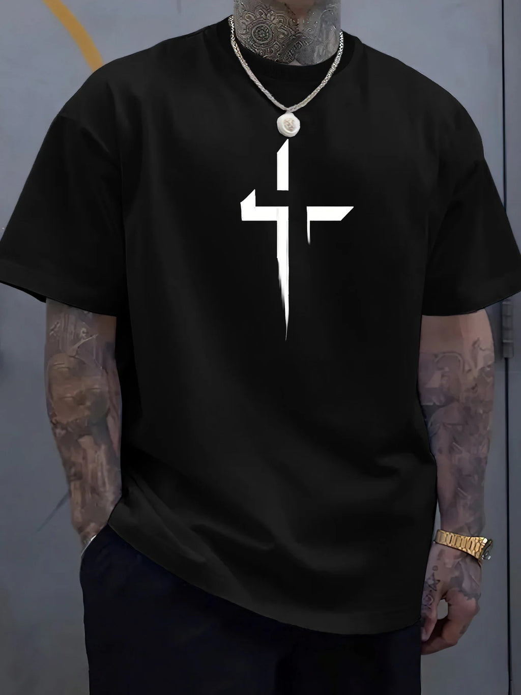 T-Shirt Homme 100% Coton Pur Imprimé Croix Créatif Loose Grande Taille Col Rond Manches Courtes Sport Casual Été Confortable | Mode Homme Tendance
