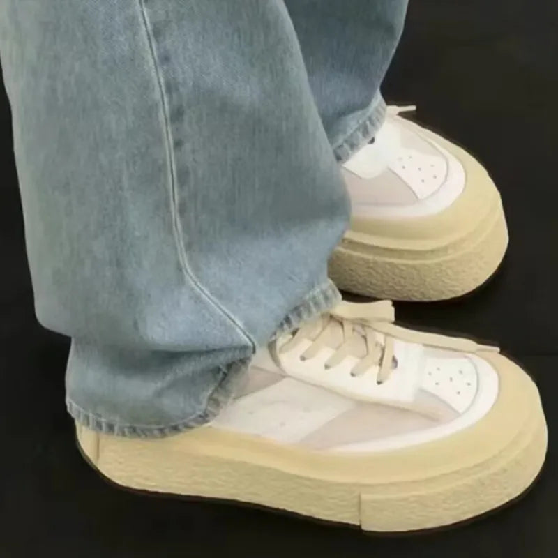 Chaussures Cuir Véritable Femme Cake Sole 2024 – Blanches Casual Élévées Sport Printemps