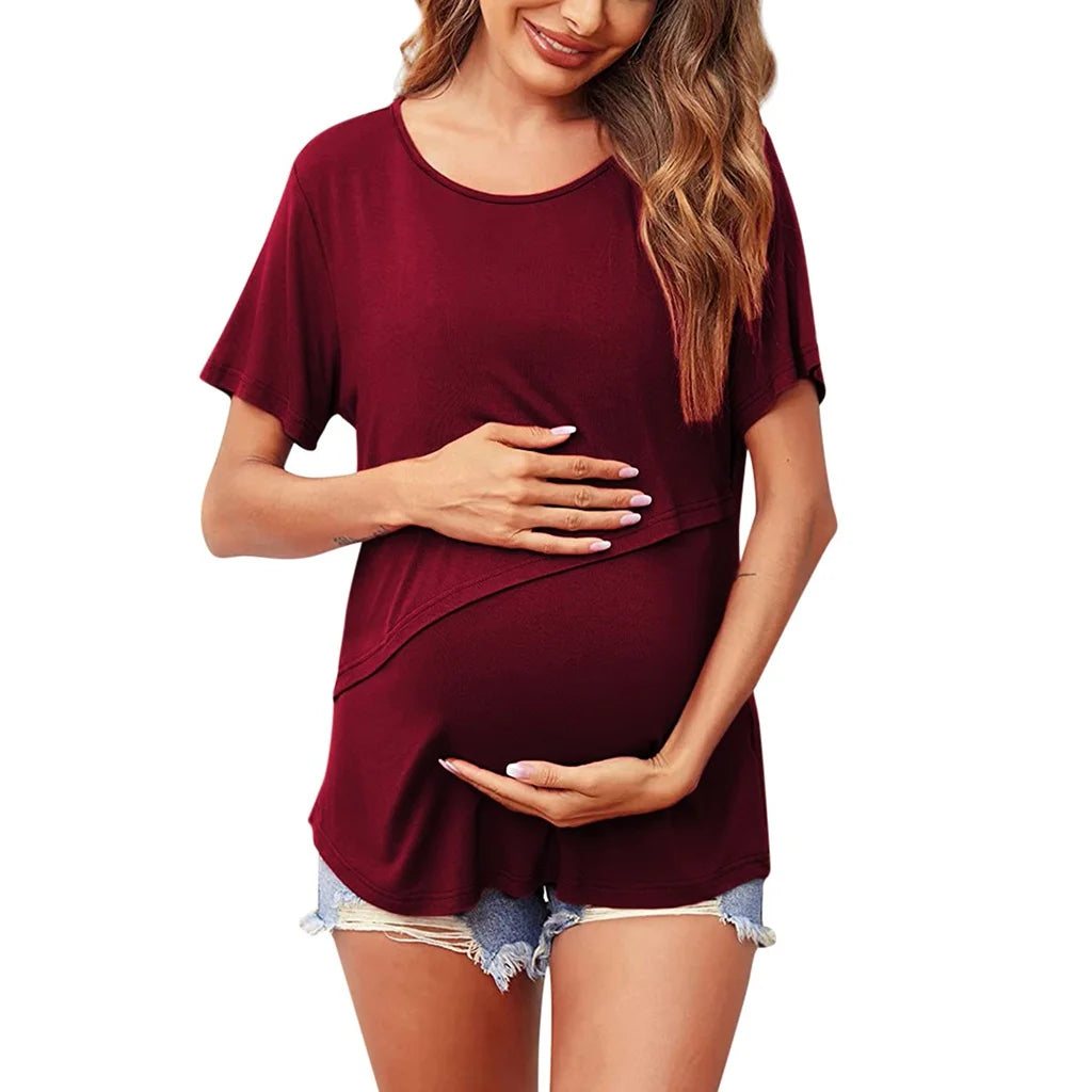 Still-T-Shirt Damen Kurzarm Rundhals – Umstands-Top Asymmetrischer Wickel Casual