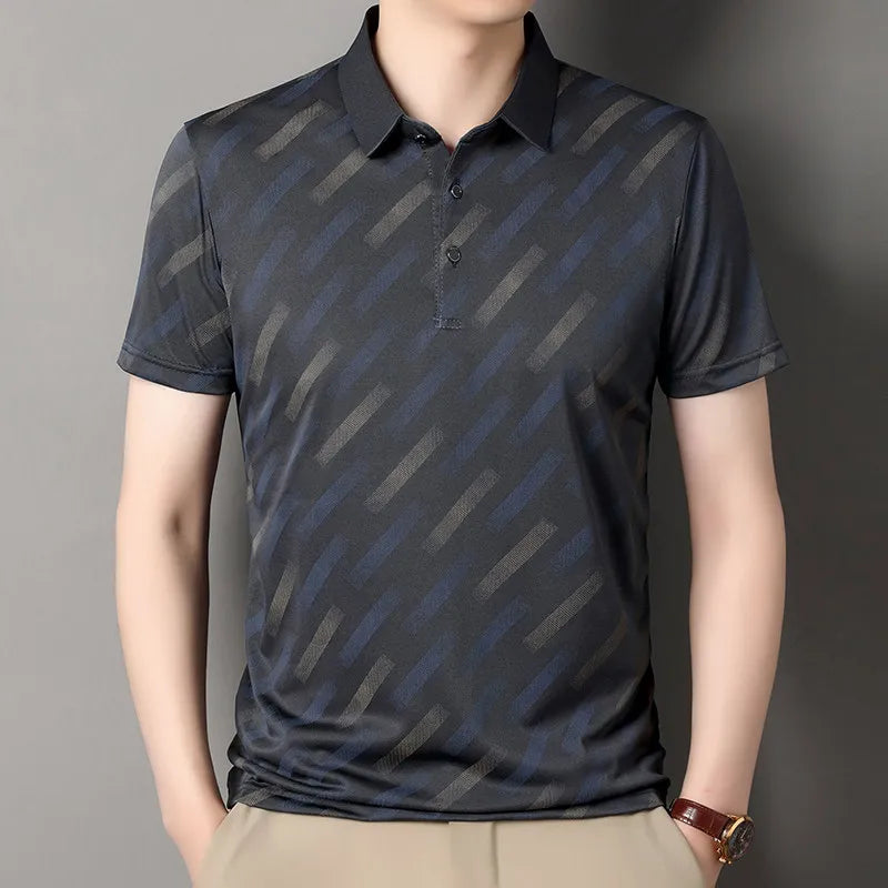 Polo für Herren, modisch, kurze Ärmel, Reverskragen, diagonale Streifen, bedruckt, lässig, Business, Golf, trendig, elegant – Premium Polo gestreift | Herrenmode Business Premium