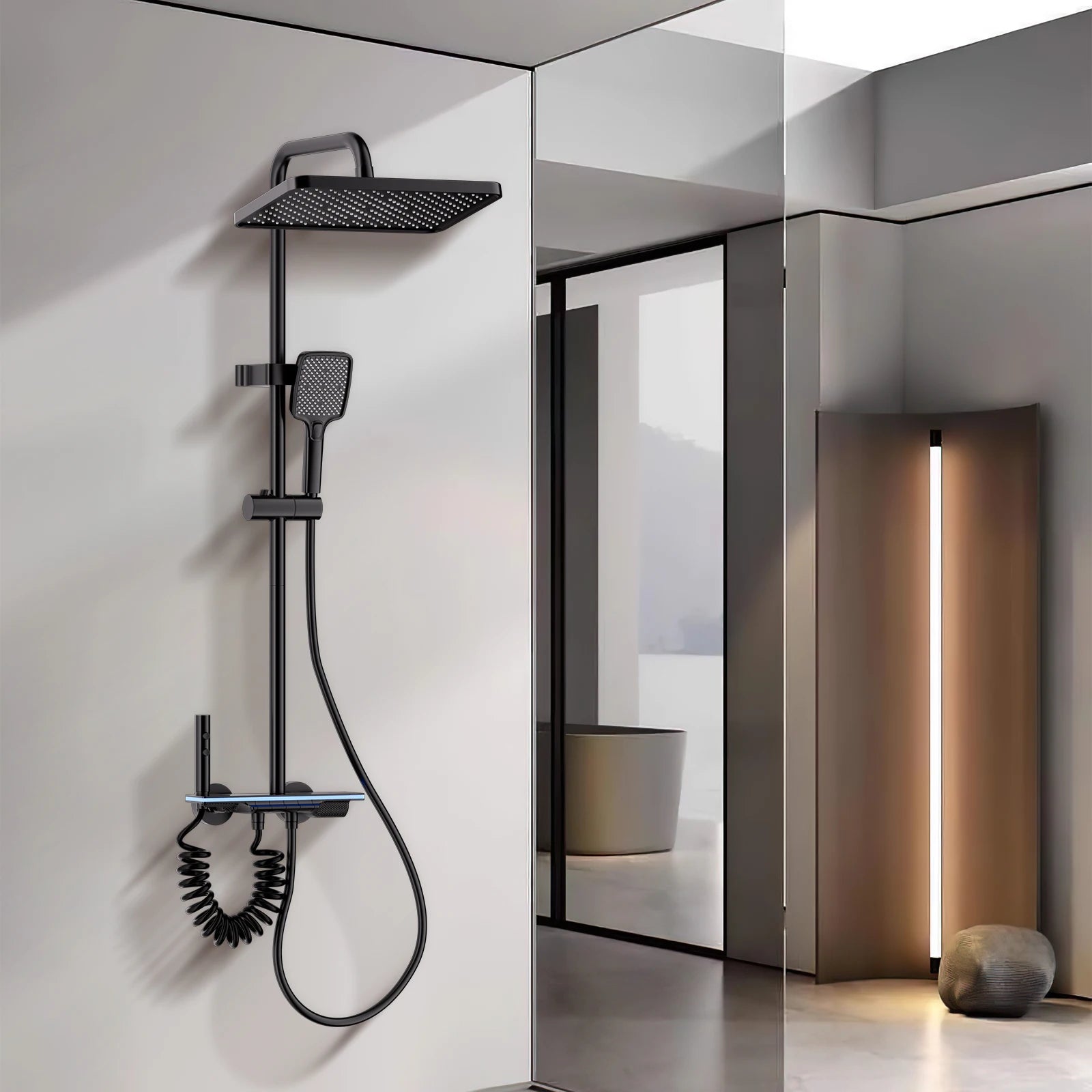 Système Douche Smart LED Digital – Affichage Température, Mitigeur Cuivre, Panneau Verre Trempé & Pommeau Pluie | Luxe Salle de Bain
