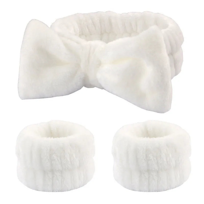 Set Bandeau & Bracelets Lavage Visage - Nœud Papillon Rose Spa