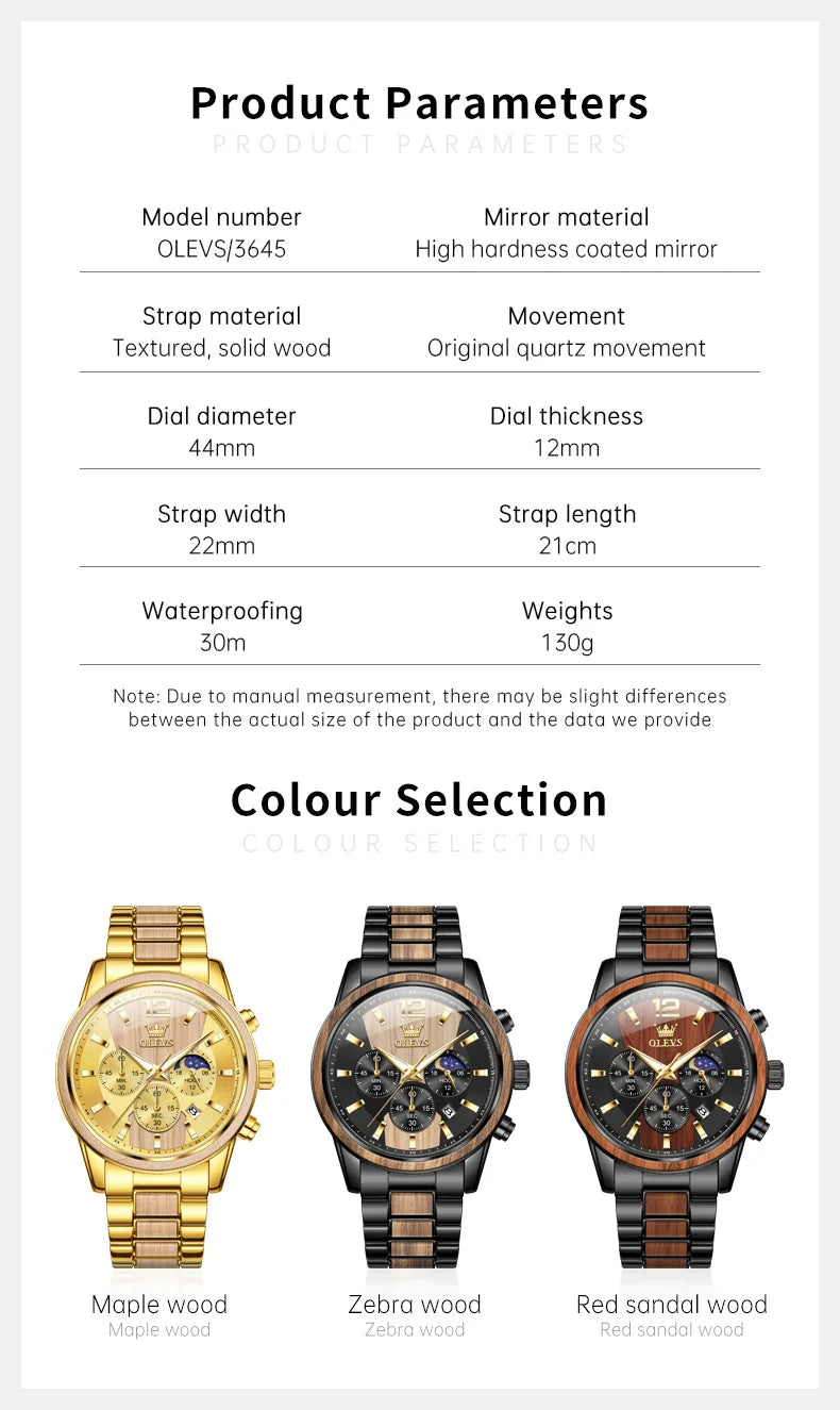 Montre Homme OLEVS Luxe Quartz – Bracelet Acier & Bois Santal Rouge Lumineux Étanche Calendrier