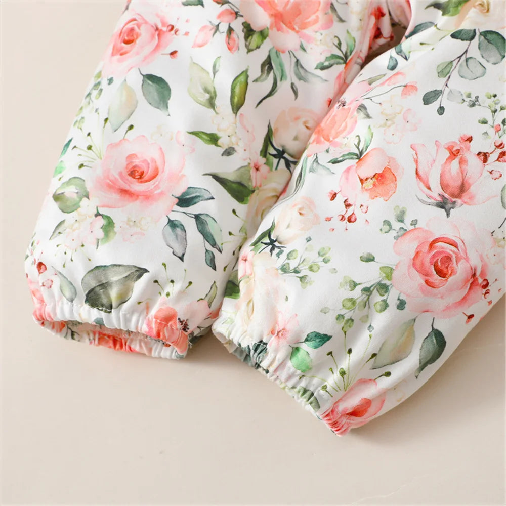 Tenue 3 Pièces Bébé Fille Fleurie – Body Manches Longues + Pantalon Fleurs + Bandeau 0-18 Mois