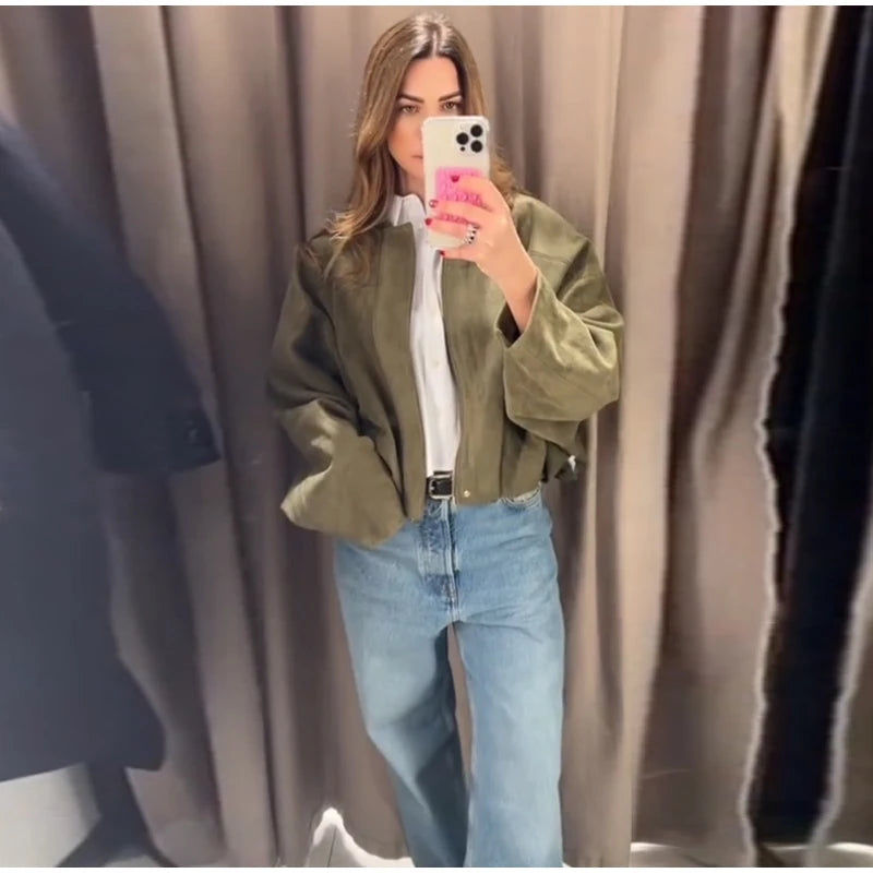 Veste Femme Suède Vert Élégante Manches Bouffantes Revers Fermeture Éclair Ample Plissée – Blouson Court Streetwear Printemps Automne | Mode 2025