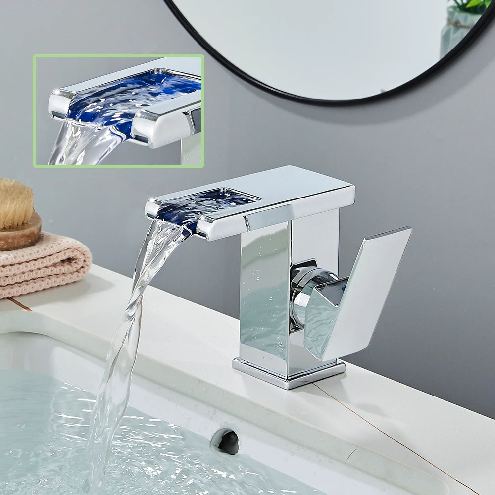 Rozin Robinet Lavabo Noir LED Cascade Hydroélectrique – Mitigeur Eau Chaude & Froide, Lumière LED Automatique | Vasque Design