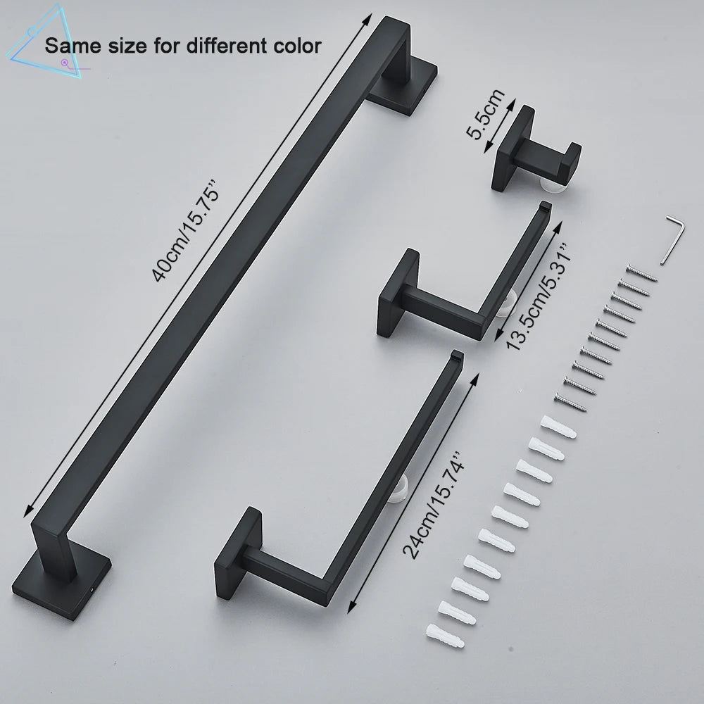 Set Accessoires Salle de Bain Inox – Porte-Serviettes, Porte-Papier & Crochet | Noir & Or Mural