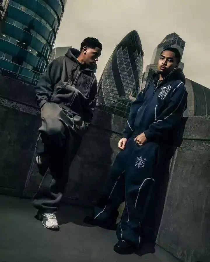 Ensemble 2 Pièces Y2K Américain Unisexe – Sweat Capuche Zip Oversize Broderie Hip Hop + Jogging Casual Homme & Femme | Streetwear