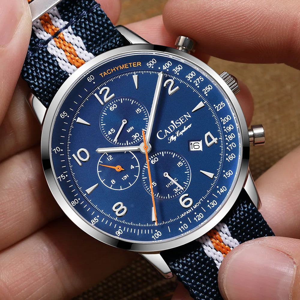 Montre Homme Luxe CADISEN Chronographe Quartz Japonais MIYOTA Bracelet Toile – Étanche Fashion