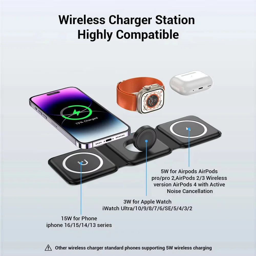 Chargeur Magnétique 3-en-1 Pliable 15W USB-C – Charge Rapide Smartphone Montre Écouteurs