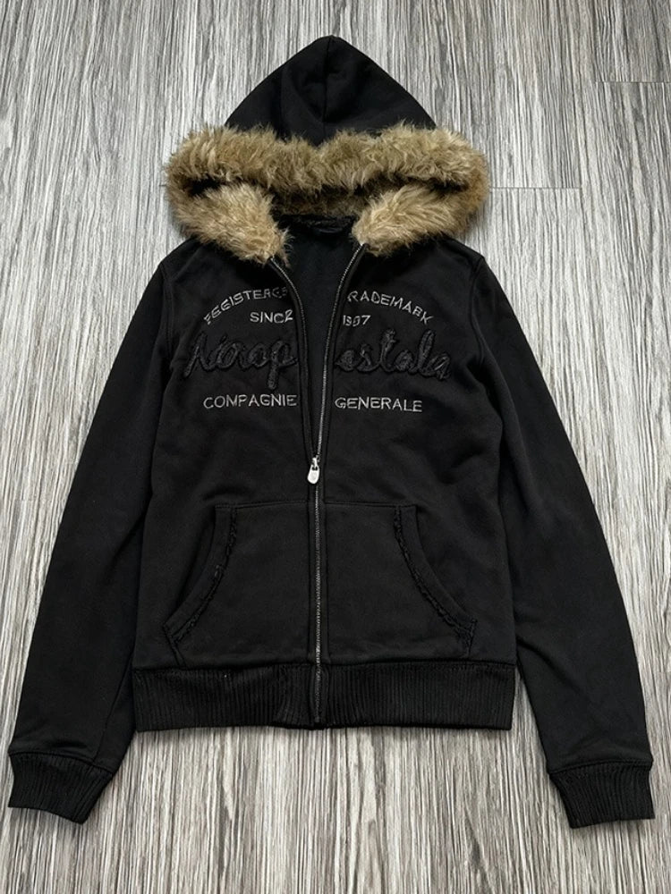 Sweat à Capuche Femme Fourrure Synthétique Rose Vintage Américain Y2K Harajuku Col Fausse Fourrure Slim Centuré – Veste Tendance Hot Girl | Mode